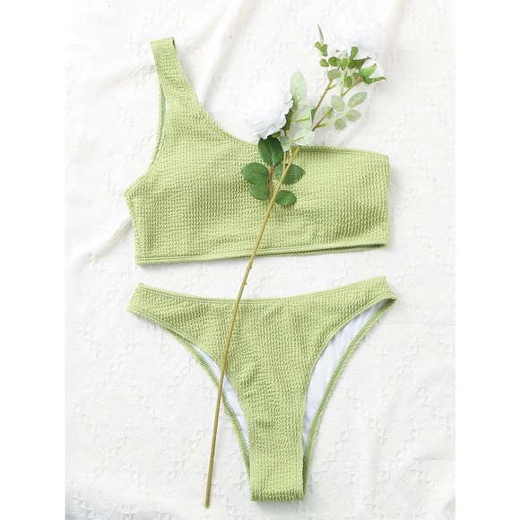 Textured One Shoulder Bikini Swimsuit white - Picture 7 of 12